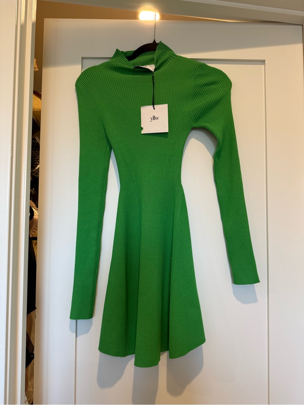 Yellow the Label Green Ribbed Long-Sleeve Fit & Flare Dress